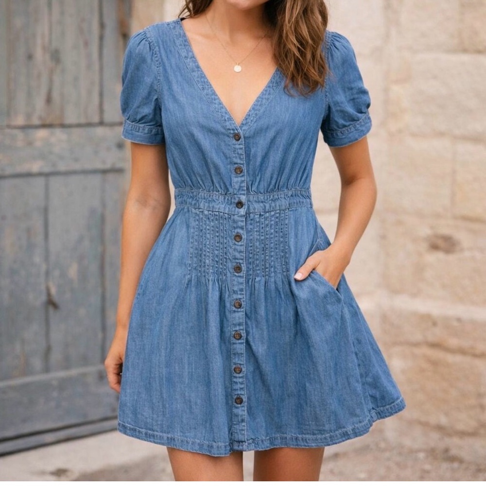 Madewell Dress Womens 00 Blue Denim Fit n Flare Cotton Chambray Pleated Coastal